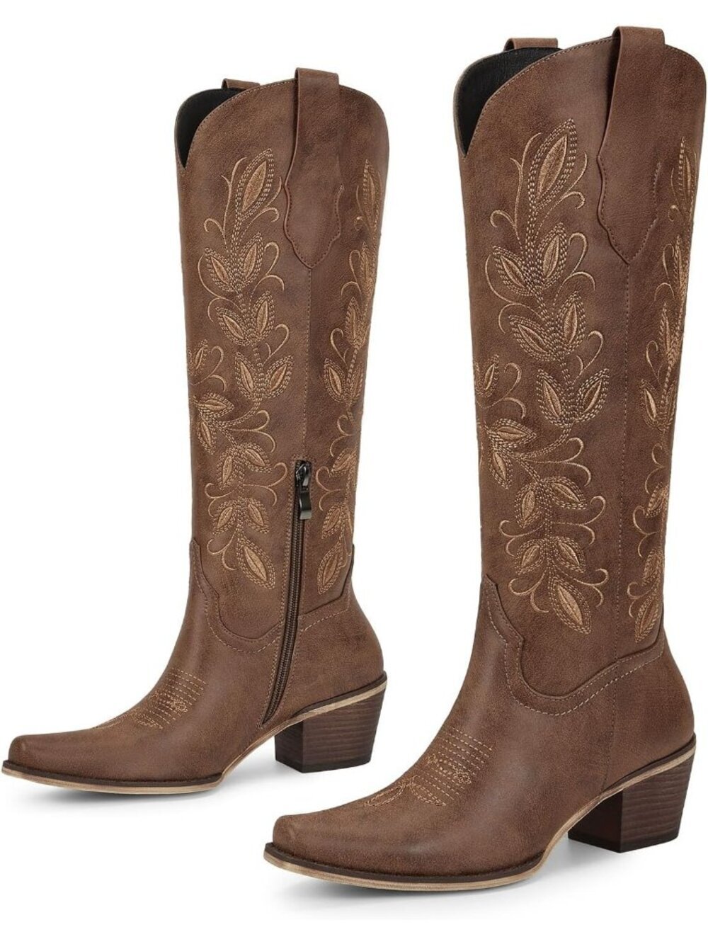 Women's Coffee Cowgirl Boots Floral Embroidered Pointed Toe Chunky Heel Boot